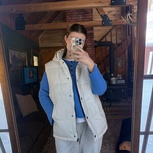 Cream Quilted Puffer Hooded Vest with Pockets and Buttons